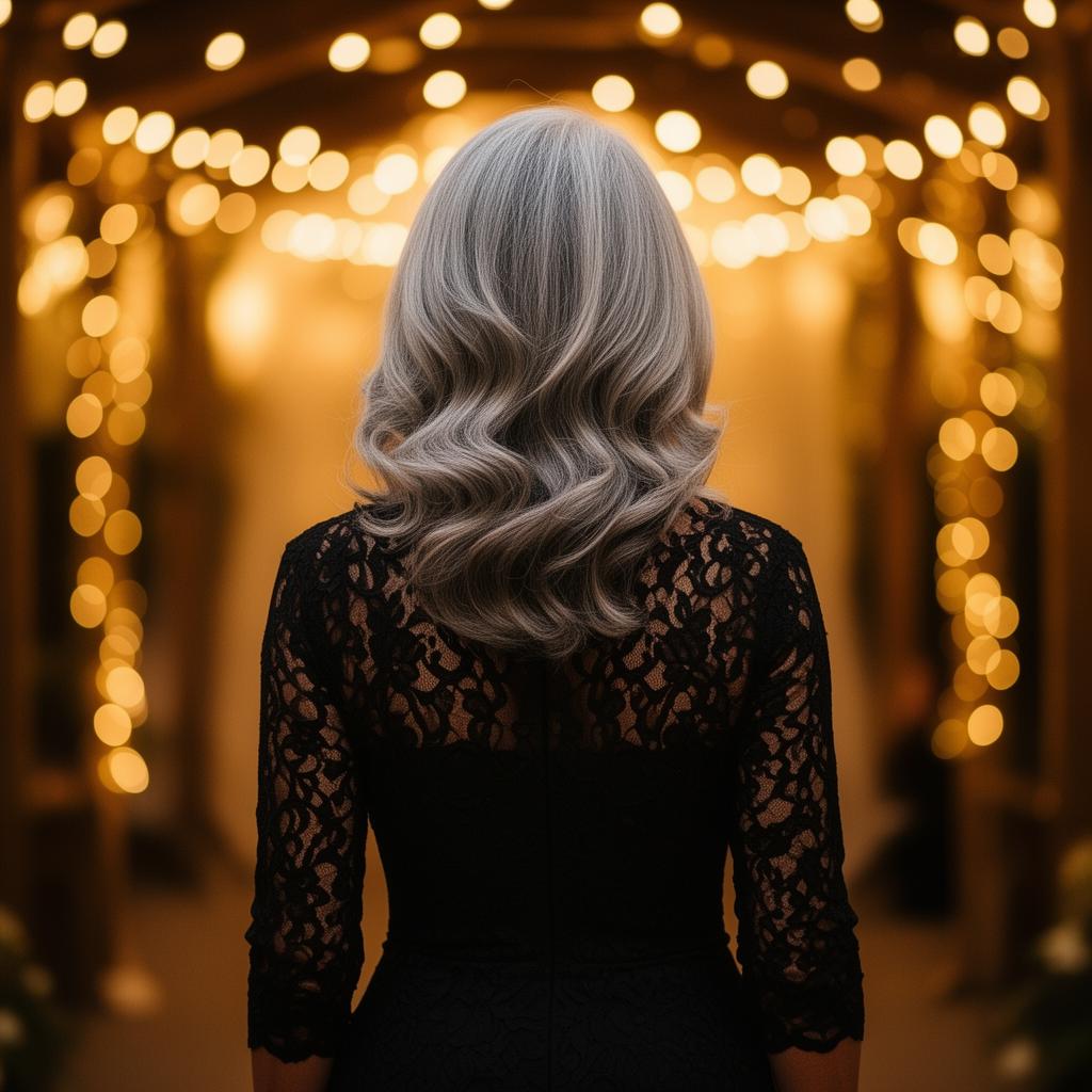 Silueta de mujer de espaldas con vestido de encaje negro, cabello plateado y guirnaldas de luces cálidas al fondo
